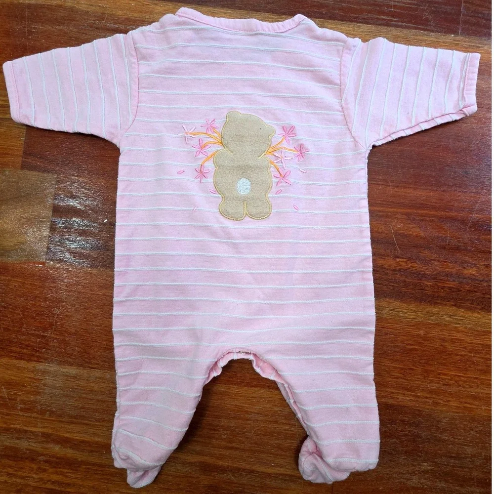 Vintage Baby Beginnings Pink‎ Striped Teddy Bear Footed Sleeper Preemie  Y2K